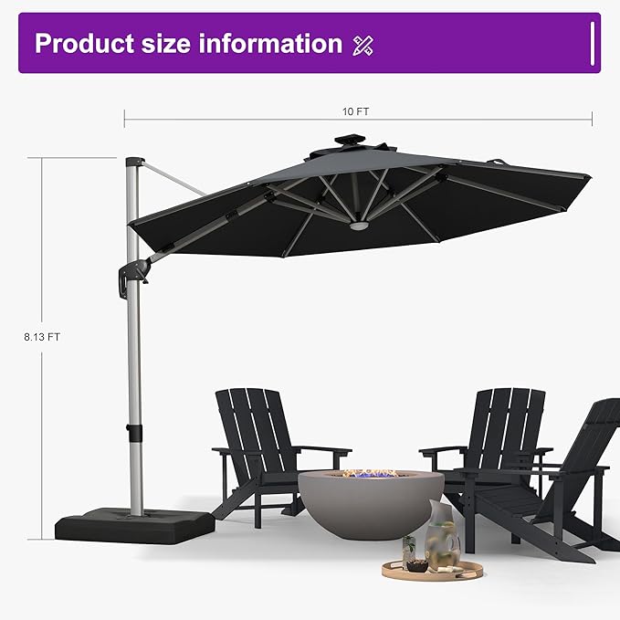 PURPLE LEAF Cantilever Umbrella with base 10ft Outdoor Round Patio Solar Powered LED Umbrella with 360-degree Rotation for Garden Deck Pool Patio, Grey