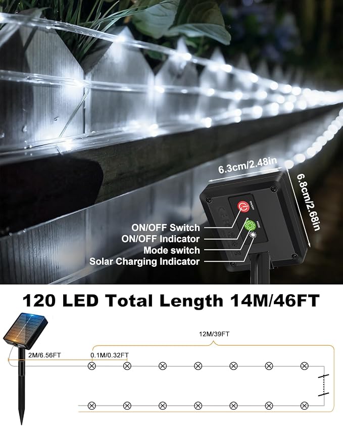 btfarm 4 Pack Solar Rope Lights, 120LED 46FT Solar String Lights Outdoor Waterproof, 8 Lighting Modes Solar Powered Strip Tube for Outside Garden Tree Christmas Yard Patio Wedding Decor, Cool White