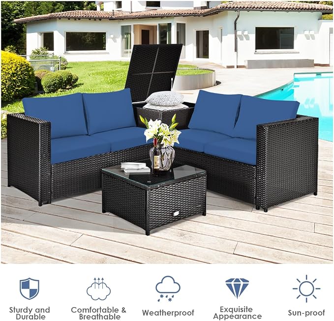 DORTALA 4-Piece Outdoor Patio Furniture Set, Weather Resistant PE Rattan Conversation Set with 2 Loveseats, Outdoor Sectional Sofa Set with Comfy Cushions for Garden and Poolside, Navy