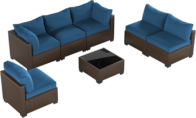 Patio Furniture Set 7 Pieces Conversation Set Wicker Outdoor Sectional Sofa,Ergonomic Armrests Couch with Cushion and Glass Table (Brown-Peacock Blue, 7 Piece-Single)