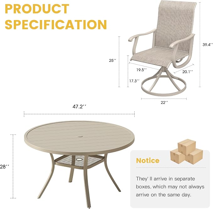 VICLLAX Patio Dining Set for 6, 7 Pieces Outdoor Furniture Includes 47.2" Round Patio Table with Umbrella Hole and 6 Outdoor Swivel Chairs for Lawn Garden, Sandshell Tabletop and Fabric