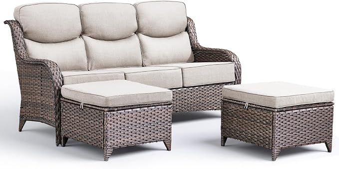 Luxury 3 Pieces Patio Furniture Sets-All Weather Wicker Rattan 3-Seat Sofa Set with Comfy 6" Cushion, Multifunctional Ottomans Patio Conversation Set for Deck Backyard Garden(Brown/Beige)