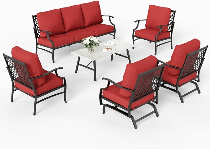 SUNSHINE VALLEY 6 Piece Metal Outdoor Patio Furniture Set, Patio Conversation Set 1 3-Seater Sofa, 2 Rocking Chair, 2 Leg Chair with 5.75" Thick Cushion and Coffee Table, Backyard Furniture Set, Red