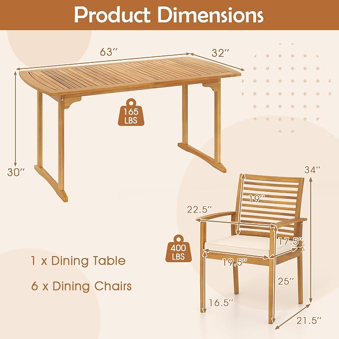 HAPPYGRILL 7 Pieces Acacia Wood Outdoor Dining Set for 6 People, Patio Table & Chair Set with Umbrella Hole, Outside Picnic Furniture