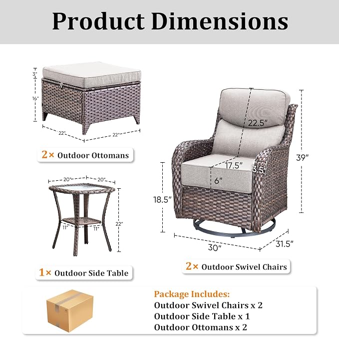 Luxury Outdoor Swivel Rocker Patio Chairs Set of 5, High Back Swivel Patio Chairs with Side Table 6-Inch Thick Cushions Ottomans, Wicker Outdoor Bistro Set for Porch, Yard, Deck, Poolside, Brown/Beige