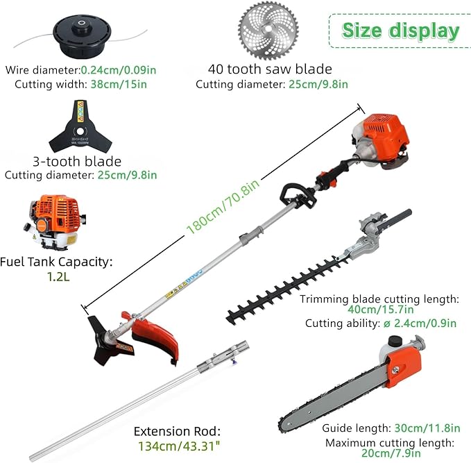 5 in 1 Gas Weed Eater - 52cc 2-Stroke Multi-Functional Hedge Trimmer Pruners Gas Powered Brush Cutter, Pole Saw Chainsaw, Handheld Weed Wacker for Garden and Yard Lawn (Red)