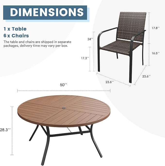 DIFY 7 Piece Outdoor Dining Set for 6, 50" Walnut Round Metal Dining Table with Umbrella Hole and Stackable Wicker Patio Chairs, All-Weather Patio Table and Chairs Set for Deck Garden Backyard