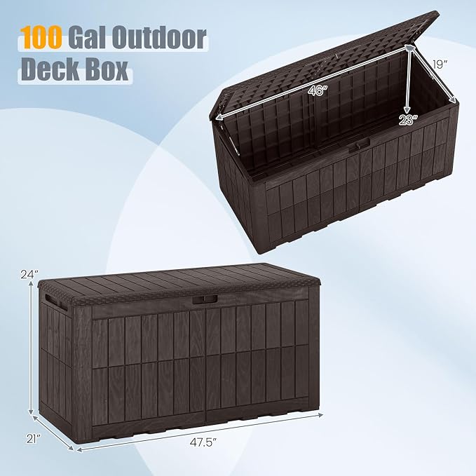 HAPPYGRILL 100 Gal Outdoor Deck Box, Lockable Storage Bin with Lid and Handles, Waterproof and Sun-Protective Patio Bench and Storage Box for Garden Tools Pool Supplies (Dark Brown, 100Gallon)