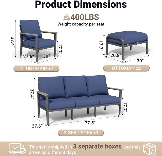Aluminum Outdoor Patio Furniture Set, 5-Piece Outdoor Sofa with 5.1" Thick Cushions, Outdoor Couch with Ottomans, for Balcony, Porch, Navy Blue