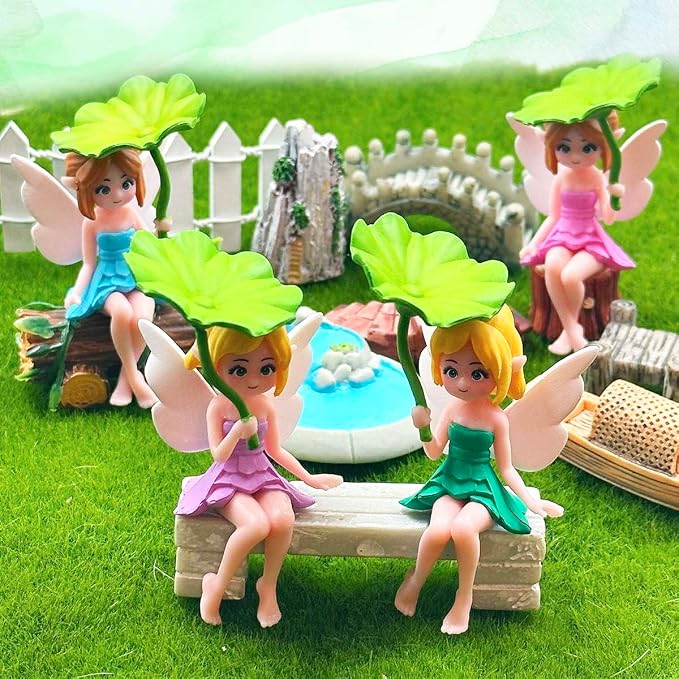 Miniature Fairy Figurines - 4Pcs Flower Small Fairies Ornaments Resin Mini Fairy Figurines Tiny Elf for DIY Fairy Garden Flower Pot Bonsai Micro Landscapes Craft Decoration Accessories (lotus leaf)