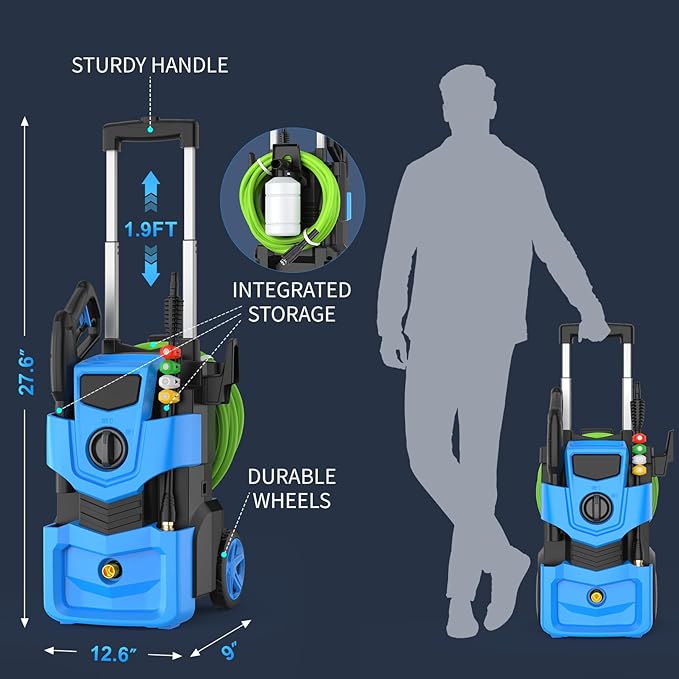 Pressure Washer 5000 PSI Adjustable Pressure, Power Washer Powered with 33ft Pressure Hose, 4 Nozzles and 500ml Foam Cannon, Powerwashers for Home, Light Blue