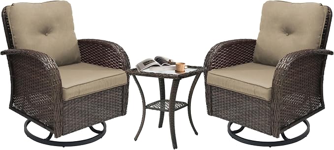 YLGJ&TIDY Outdoor Furniture Swivel Rocker Chairs 3PC Bistro Set 2 Brown Wicker Patio Glider Armchairs with Side Table Cushions Rocking Sofa for Porch Balcony Backyard Deck (Khaki, 3PCS Swivel/Table)