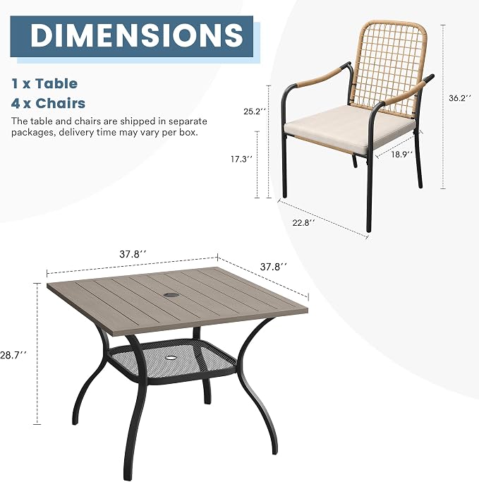 DIFY 5 Pieces Outdoor Dining Set, Metal Patio Table and Chairs Set for 4, 37.8" Square Dining Table with Umbrella Hole & Wicker Stackable Patio Chairs with Cushions, Grey Wood-Like Tabletop