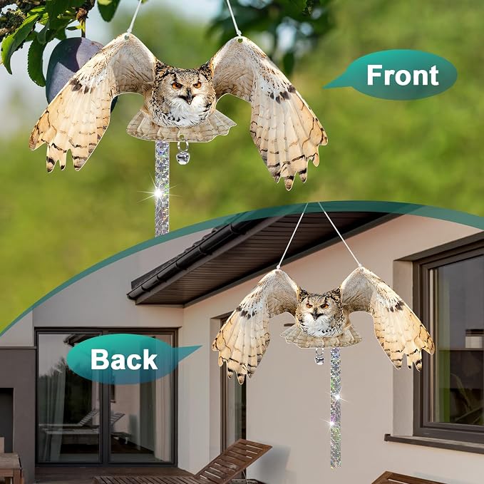 Owls to Keep Birds Away: 4Pcs Fake Owl with Reflective Tape for Garden Patio, Reflective Hanging Decoration to Keep Birds Pigeon from Windows Tree