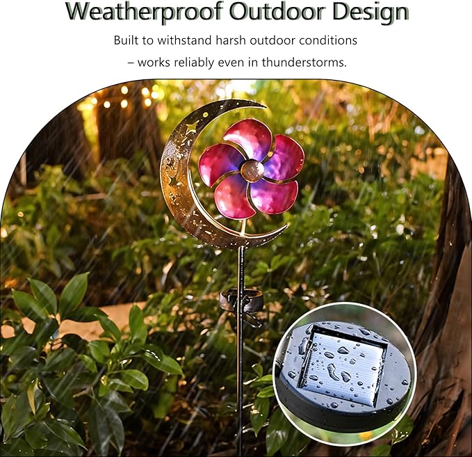 Solar Moon Windmill Decorative Garden Light - Metal Stake Windmill with Glass Ball LED, Outdoor Lawn Lamp for Yard Decoration (Red)