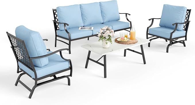 MIXPATIO Patio Furniture Set 4 pcs, Outdoor Patio Furniture, 3-Seat Sofa, 2 Rocking Chairs, Metal Coffee Table and 5.75" Extra Thick Cushion, Patio Conversation Set for Garden Backyard Deck,Blue