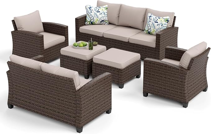 MIXPATIO Patio Furniture Set, 6 Pcs Wicker Outdoor Conversation Set, 2 x Leg Chairs, 1 x 3 Seater Sofa, 1 x 2-Seat Lover Sofa and 2 x Ottomans with 4" Thick Cushion for Garden Backyard Deck, Beige