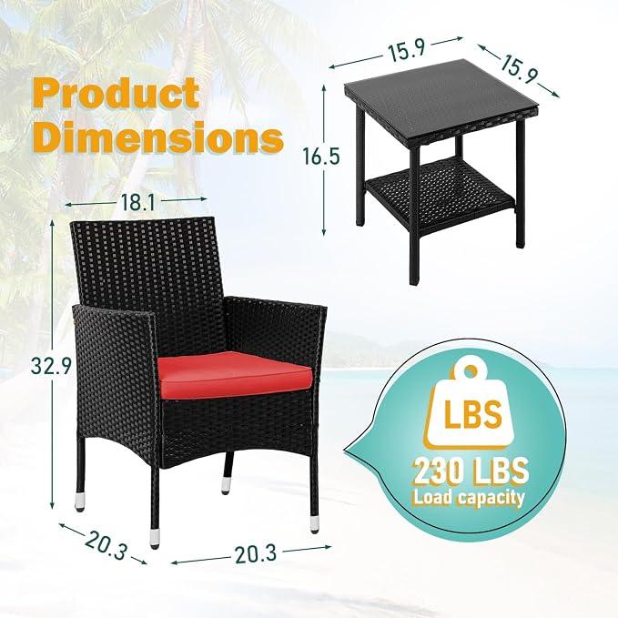 PayLessHere Set of 3 Outdoor Furniture Set Heavy Duty Patio Furniture Set Sturdy Conversation Set with 2 Rattan Chairs Glass Top Coffee Table Seat Cushions for Coffee Bar Poolside Patio Outdoor, Red