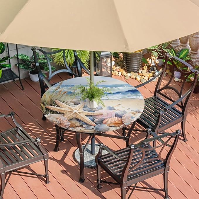 OSAM SPACE Outdoor Tablecloth with Umbrella Hole, Round Elastic Fitted Table Cloth with Invisible Zipper, Beach Starfish Picnic Patio Table Cover 36-44in