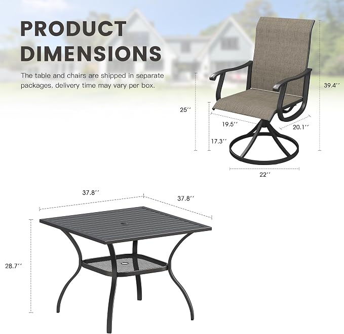 Outdoor Dining Set for 4, 37.8" Metal Outdoor Dining Table with Umbrella Hole and Sling Patio Swivel Chairs, 5 Pieces Patio Table and Chairs Set for Garden Backyard, Mixed Brown and Black