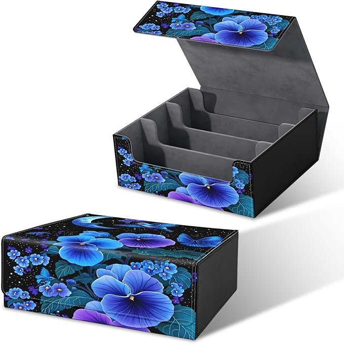 Card Deck Box for MTG, Cards Storage Box Fits 120+ Sleeved, Leather Big Size Strong Magnetic Closing Case for Board Games Magic TCG CCG Baseball Collection Women Man, Blue Flower Bird
