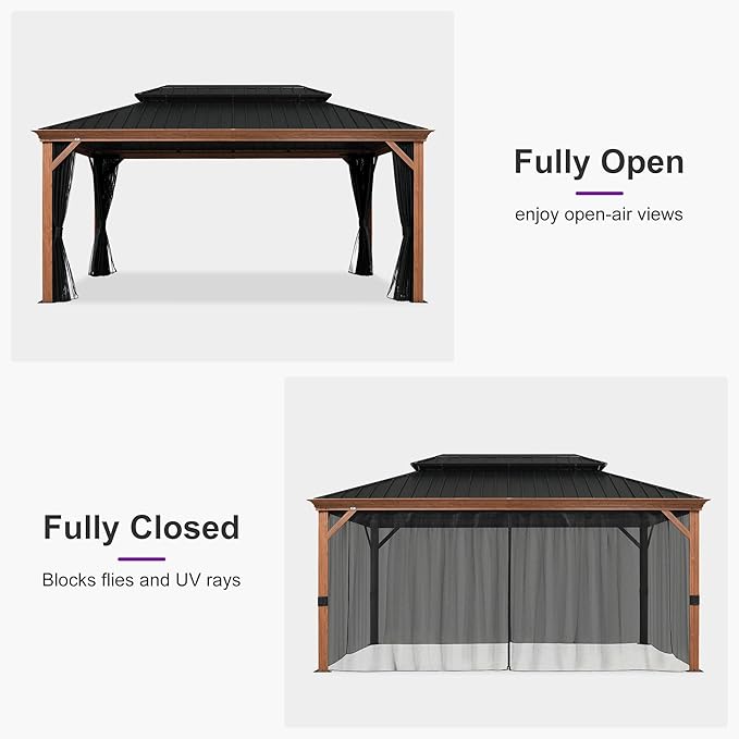 PURPLE LEAF 10' X 16' Outdoor Hardtop Gazebo for Patio Galvanized Steel Double Roof Permanent Canopy Teak Finish Coated Aluminum Frame Pavilion Gazebo with Netting and Lights