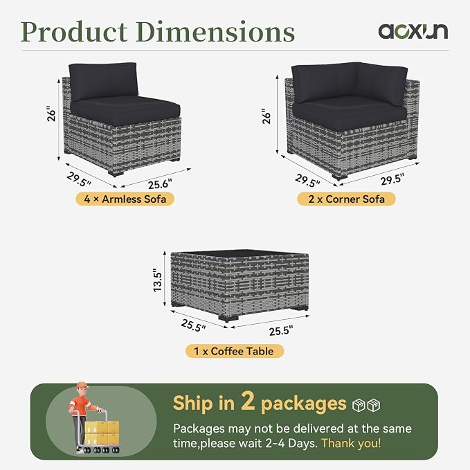 Aoxun 7 Piece Patio Furniture Set Wicker Rattan Patio Conversation Set Outdoor Sectional Sofa Set with Coffee Table and Thickened Cushions, Grey/Black