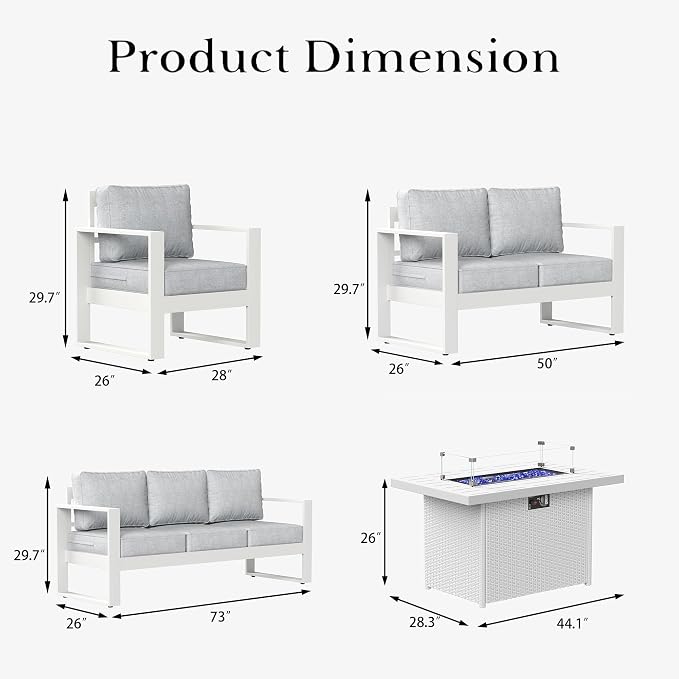 LayinSun 5 Pieces Aluminum Outdoor Patio Furniture Set, Metal Modern Conversation Sofa Set with Fire Pit Table and Washable Thick Cushions for Porch, Backyard, Deck
