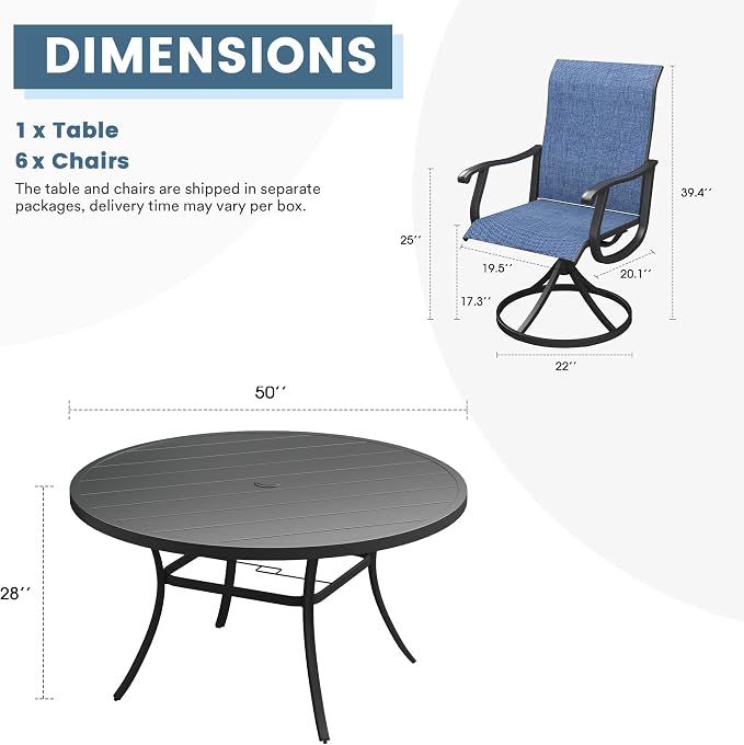 DIFY Outdoor Dining Set for 6, 7 Piece Patio Table and Chairs Set, Swivel Patio Dining Chairs with Blue Textilene & 50" Black Round Metal Dining Table with Umbrella Hole, for Garden Backyard Deck