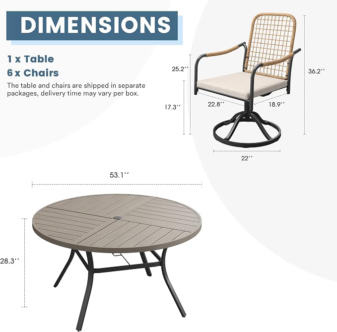 DIFY 7 Pieces Outdoor Dining Set, Metal Patio Table and Chairs Set for 6, 53.1" Round Dining Table with Umbrella Hole & Wicker Swivel Patio Chairs with Cushions, Grey Wood-Like Tabletop