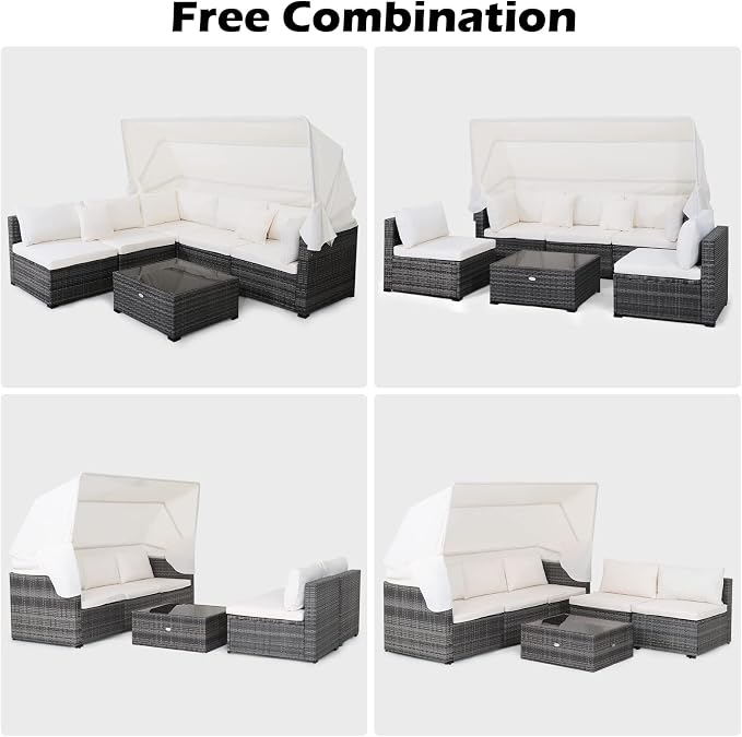 Tangkula 6-Piece Patio Furniture Set w/Retractable Canopy, Outdoor Conversation Set w/3-Seat Daybed Sofa, Soft Cushions and Tempered Glass Coffee Table, All-Weather PE Rattan Sectional Sofa Set