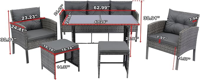 LUMISOL 6 Piece Outdoor Patio Dining Set with Cushion,Patio Furniture Sets,All Weather Sectional Conversation Set,Space Saving Patio Set for Backyard,Beach,Garden