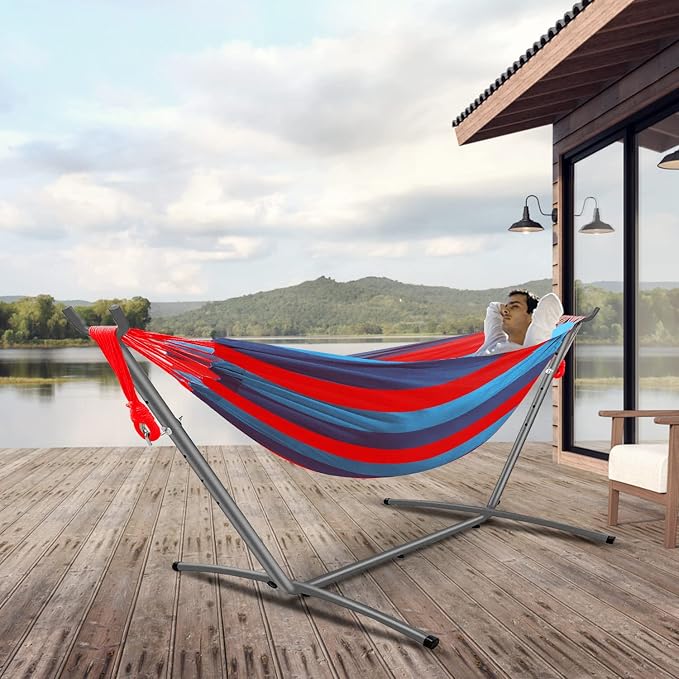 Gold Armour Brazilian Style Hammock with Tree Straps for Hanging - Durable Portable Single/Double Hammock for Camping, Outdoor, Indoor, Patio, Backyard (Blue & Red Stripe)