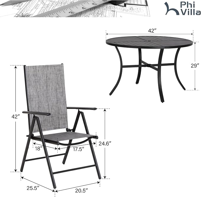 PHI VILLA Round Outdoor Dining Set for 4 with Folding Chairs, Grey | Light-weight & space-saving, Breathable & quick-drying, Metal Table, Umbrella Hole, Weather-Resistant, Adjustable, Patio deck
