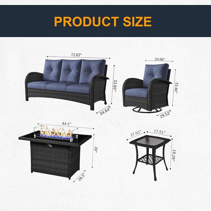 5 Pieces Outdoor Wicker Patio Swivel Rocking Chairs, All Weather Wicker Conversation Set with 44" Fire Pit Table