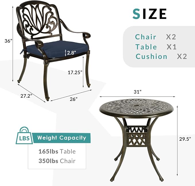 MEETWARM 3 Piece Patio Bistro Set, Outdoor All-Weather Cast Aluminum Dining Furniture Set Includes 2 Cushioned Chairs and a 31” Round Table with Umbrella Hole for Garden Deck, Navy Blue