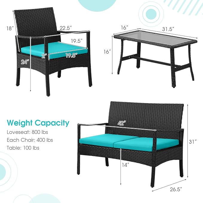 HAPPYGRILL 4 Pieces Patio Wicker Furniture Set PE Wicker Conversation Set, Rattan Sofa Chair with Cushions Tempered Glass Coffee Table, Outdoor Sectional Bistro Set for Poolside Backyard Lawn Garden