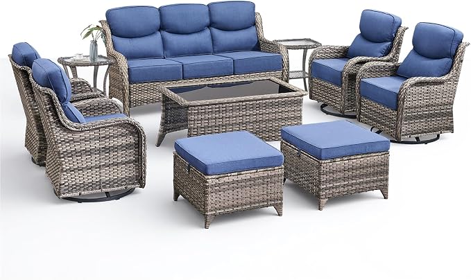 Luxury 10 Pieces Patio Furniture Set, Wicker Swivel Rocker Patio Chairs with 6" Thick Cushion, Outdoor Wicker Sofa with Coffee Table, All Weather Outdoor Conversation for Garden Porch(Grey/Blue)