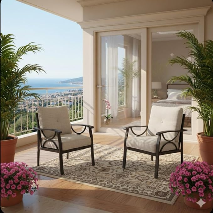 Hassyee 2 Pieces All-Weather Metal Outdoor Conversation Set with Coffee Table and Removable Cushions for Balcony, Patio Furniture Set with Modern Curved Design for Backyard, Lawn (2 Chairs)