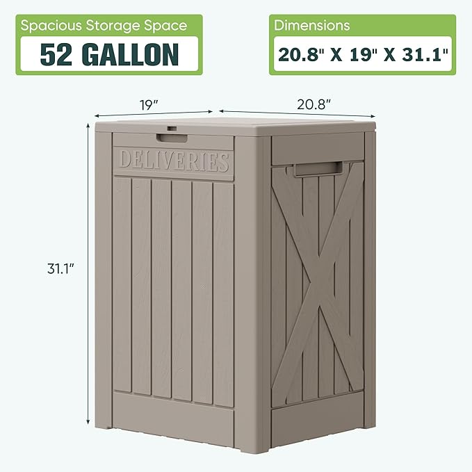 Greesum 52 Gallon Large Outdoor Package Delivery Box for Porch, Lockable Secure Double-Wall Resin Storage Box, Waterproof Deck Box for Package Protection, Light Coffee