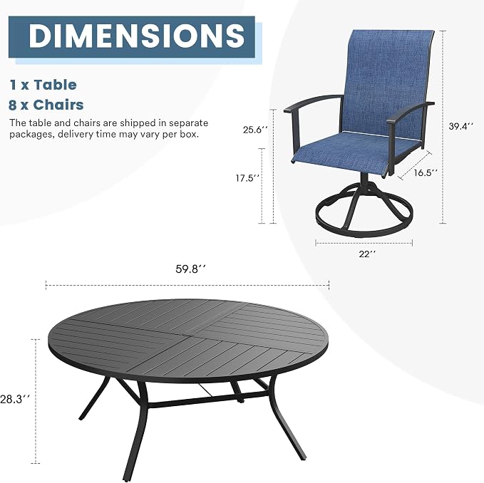 DIFY 9 Pieces Outdoor Dining Set, Metal Patio Table and Chairs Set for 8 with Umbrella Hole, 59.8" Black Round Table and Blue Textilene Swivel Patio Chairs for Garden, Backyard, Poolside