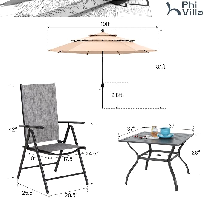 PHI VILLA Outdoor Patio Dining Set with 10ft Umbrella for 4, Outdoor Table Chairs Set with Adjustable Folding Patio Chair for Garden (No Umbrella Base)