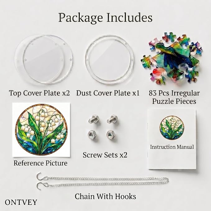 Acrylic Jigsaw Puzzle Suncatcher - Lily of the Valley Puzzle Window Hanging Kit, 83 Irregular Pieces & Hanging Chain - Creative DIY Home Indoor & Garden Decor (7.4 Inch)