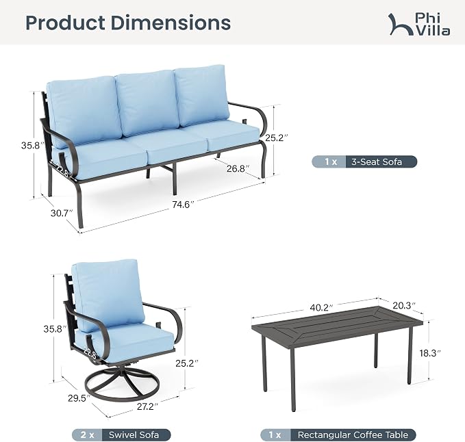PHI VILLA Patio Furniture Set, 3-Seater Sofa, 4 Swivel Chairs and a Coffee Table, Outdoor Metal Conversation Set with 5.75" Extra Thick Cushion for Garden Backyard Deck, Blue