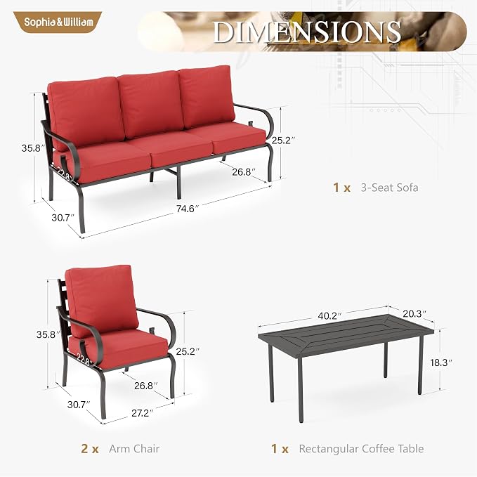 Sophia & William Patio Conversation Set for 5, 3-Seater Sofa, 2 Fixed Chairs and a Coffee Table, Metal Outdoor Furniture with 5.75" Extra Thick Cushions, Red