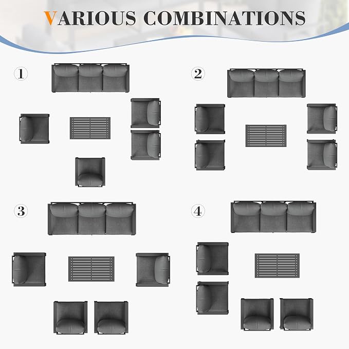 Aluminum Patio Conversation Sets All-Weather Sectional Outdoor Furniture Set with Coffee Table & Cushions with Removable Covers for for Backyard, Garden and Poolside Easy Assembly(Gray)
