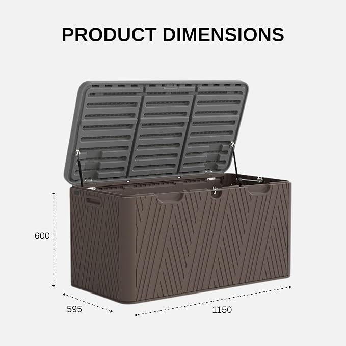 110 Gallon Outdoor Storage Box, Waterproof Patio Deck Box with Lockable Lid, Heavy-Duty HDPE Bench for Garden Tools, Cushions, Brown