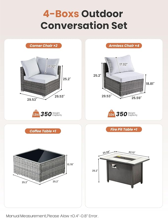 ovios Outdoor 8 Piece Patio Furniture Set with Fire Pit Table,Conversation Sectional Wicker Couch with Coffee Table,Modern Outside Sofa for Balcony Backyard, Grey