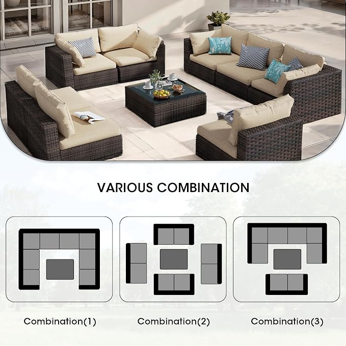 9 Piece Patio Furniture Set All Weather PE Rattan Outdoor Sectional Sofa Couch with No-Slip Cushions and Glass Top Table for Garden, Poolside, Backyard (Beige)