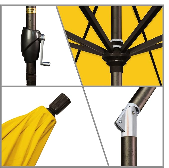 California Umbrella 9' Round Aluminum Market Umbrella, Crank Lift, Push Button Tilt, Bronze Pole